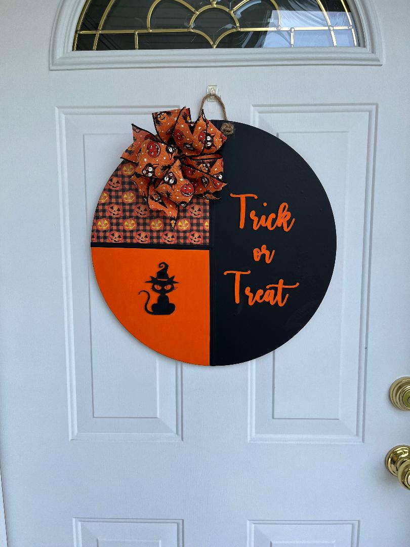 Halloween Door Hanger: Wood Trick or Treat Sign with Black Cat