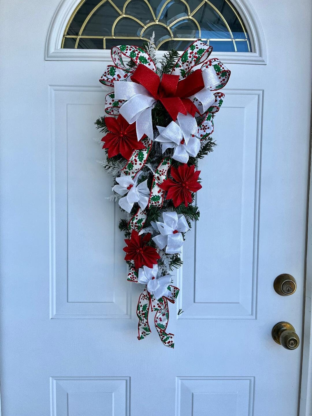 Christmas Door Swag: Red Poinsettia, White Bow Decor