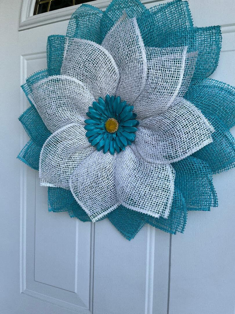 Handmade Turquoise Daisy Wreath – Poly Burlap Petal Flower Wreath for Front Door & Bedroom Décor