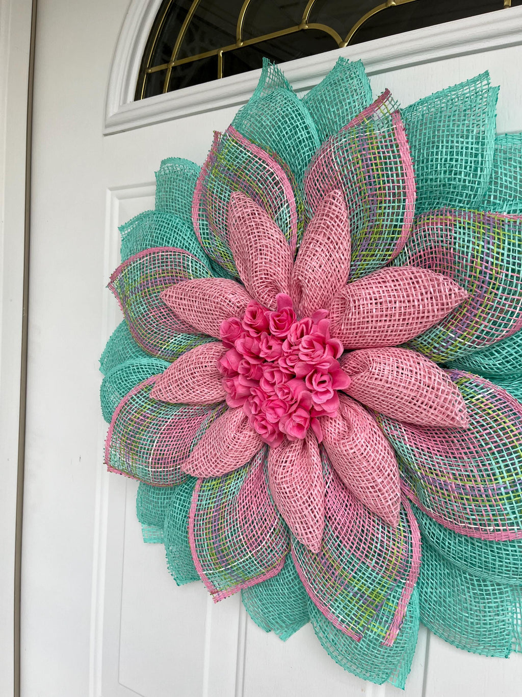spring wreath, summer, flower petal wreath.  pink and aqua, rosebuds