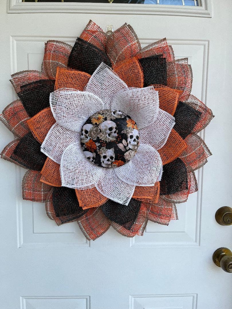 Handmade Large Halloween Door Wreath – Orange & Black Poly Burlap with Skeleton Centerpiece