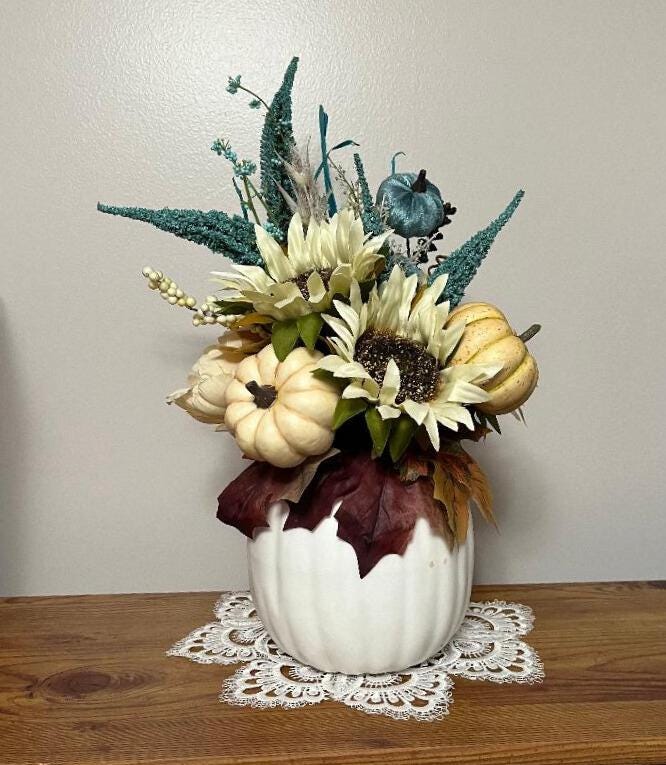 Fall Pumpkin Centerpiece | Turquoise & Beige Faux Floral | Autumn Table Decor