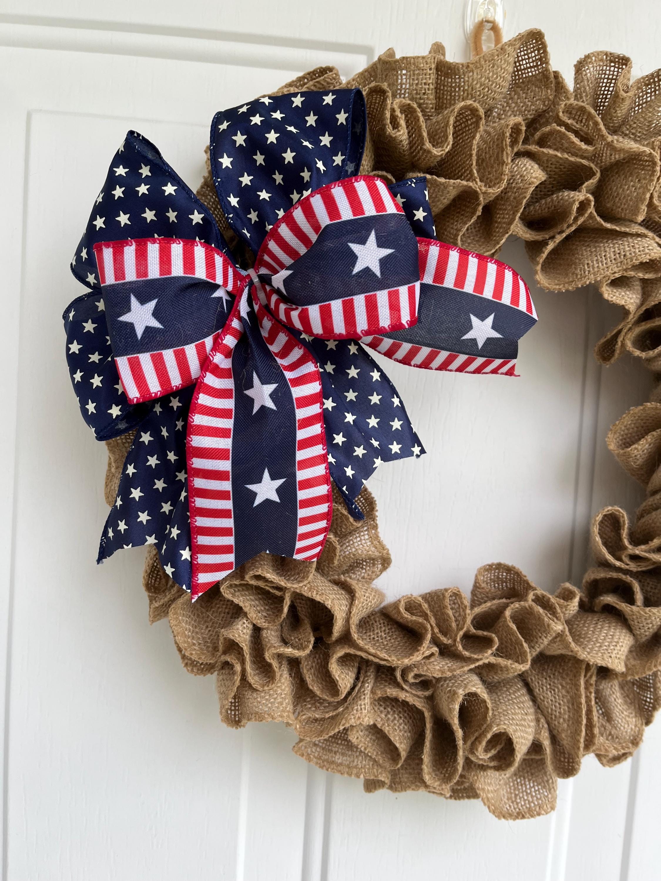 Handmade Patriotic Burlap Wreath – Red, White & Blue Front Door Decor for Memorial Day & July 4th