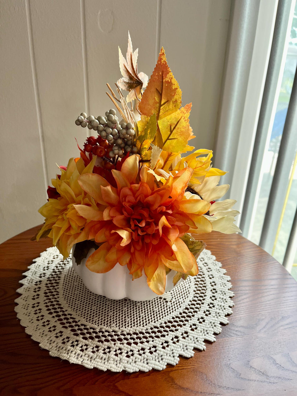 Handmade Fall Floral Centerpiece – Faux Flower & Pumpkin Decor, 28 Inch Orange & Yellow, Autumn Table or Mantel Display