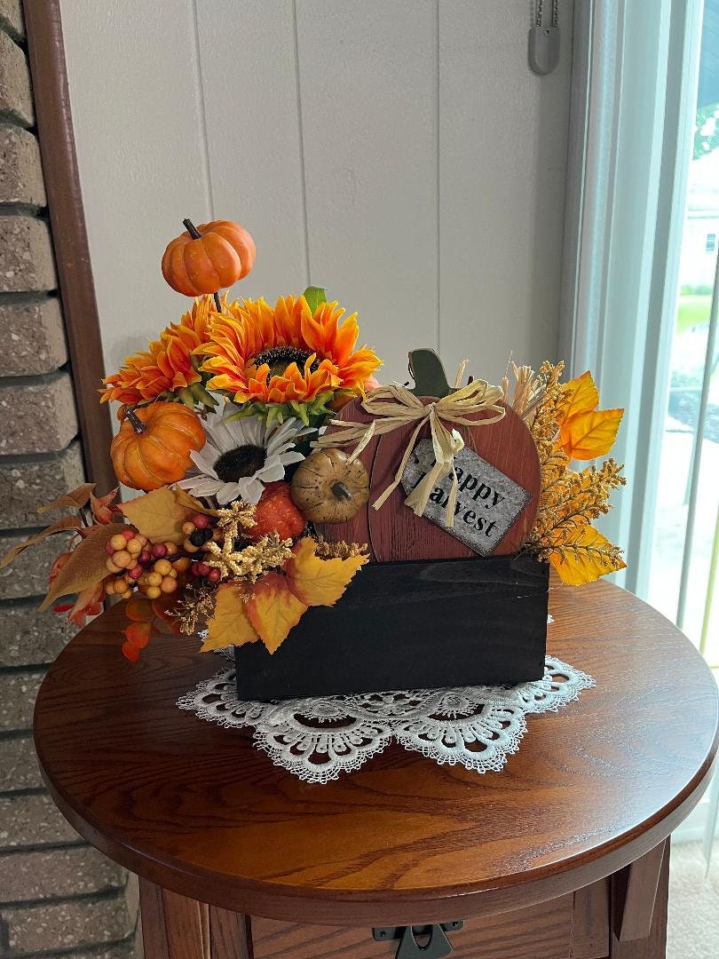 Handmade Fall Floral Centerpiece – Faux Sunflower & Pumpkin Arrangement, Wooden Box, Happy Harvest Thanksgiving Table Decor
