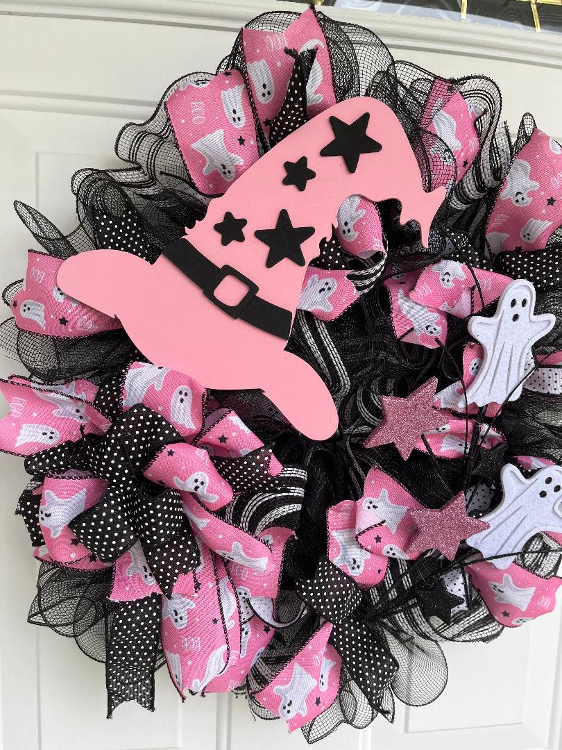 Pink & Black Halloween Door Wreath – Handmade Witch Hat, White Ghosts & Deco Mesh Front Door Decor