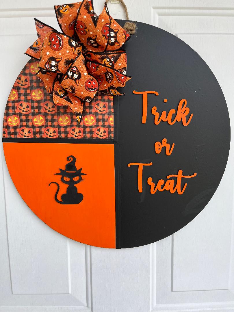 Halloween Door Hanger: Wood Trick or Treat Sign with Black Cat