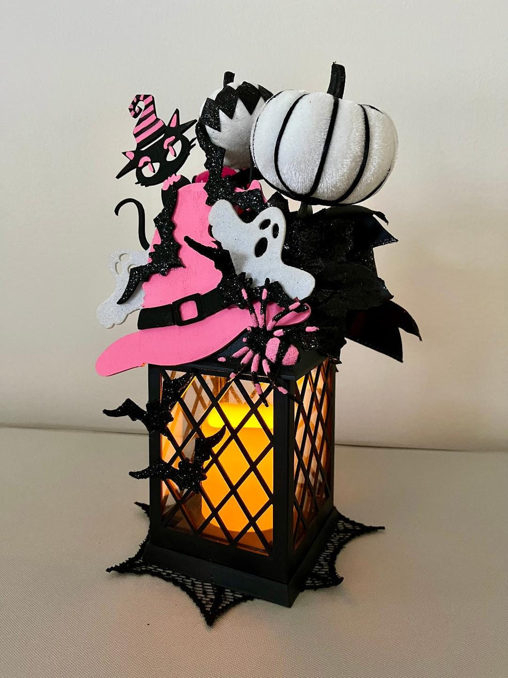 Decorated Halloween Lantern: Pink Witch Hat, Cat & Flameless Candle