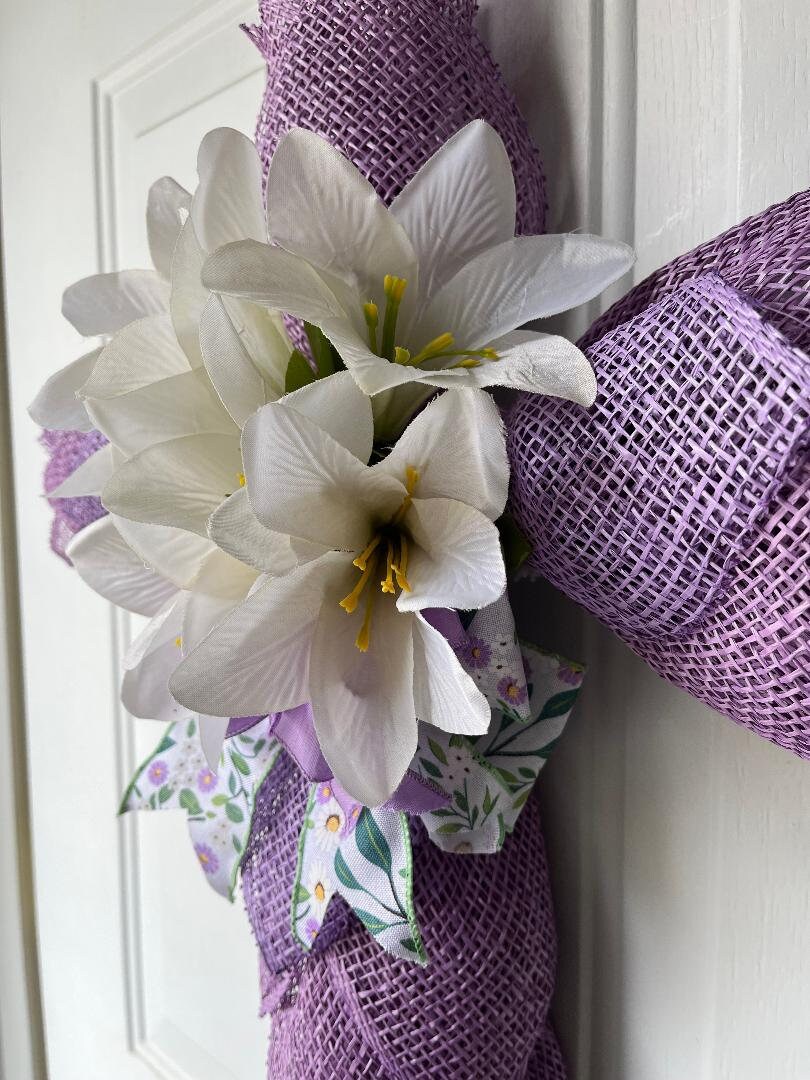Handmade Easter Cross Wreath – Lavender Burlap, Silk Lilies & Religious Spring Décor