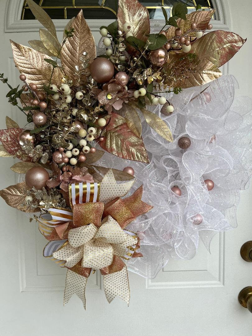 Christmas Wreath | Gold Berries, Gold Leaves & White Mesh | Holiday Door Decor