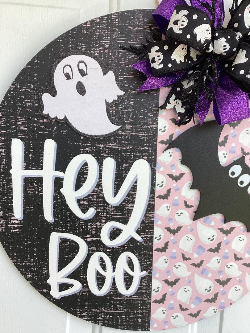 Handmade Halloween Wood Door Hanger – Hey Boo Ghost & Bat Birch Plywood Sign with Bow