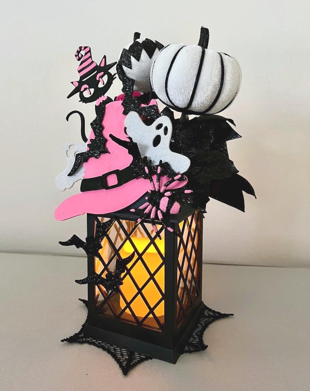 Decorated Halloween Lantern: Pink Witch Hat, Cat & Flameless Candle