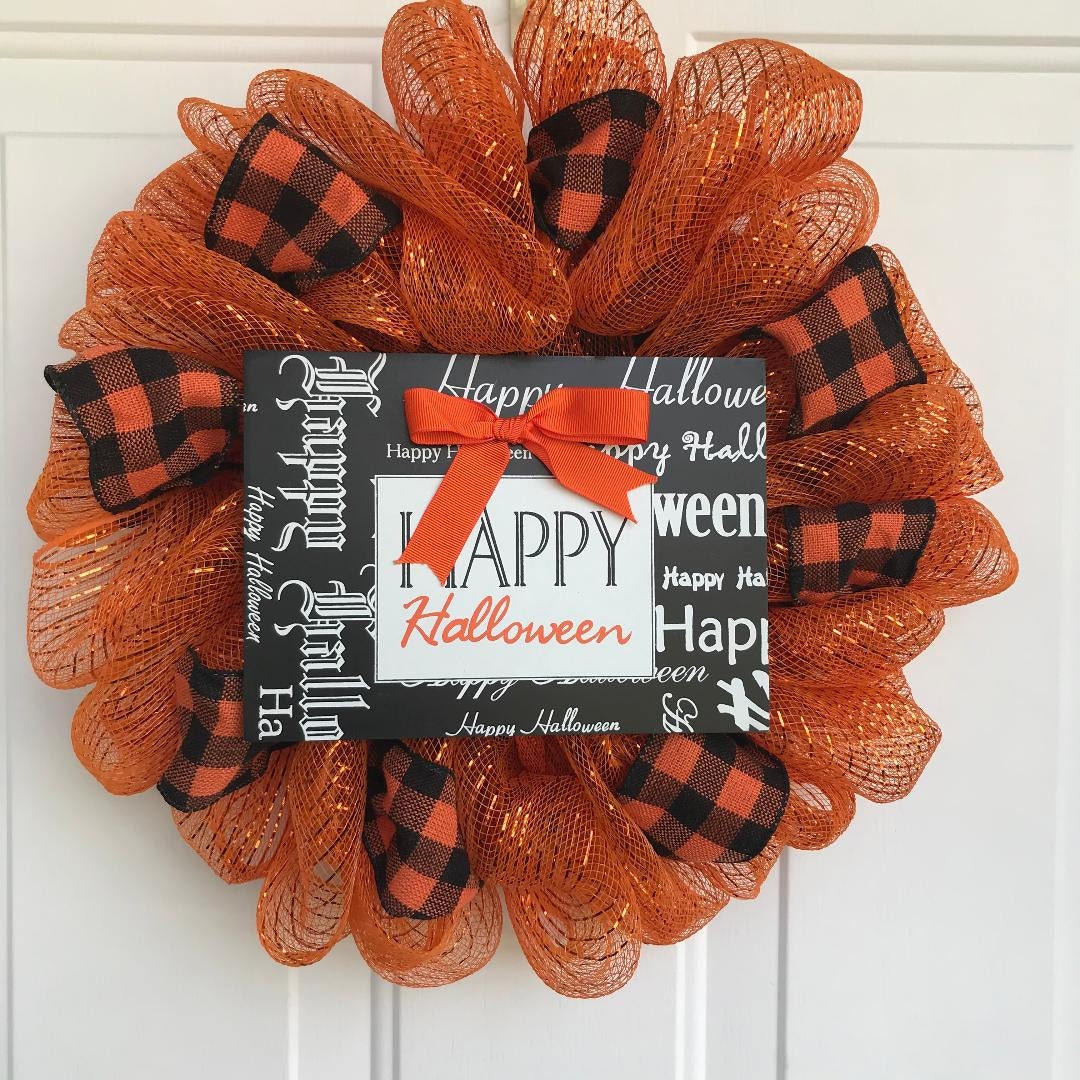 Halloween Mesh Door Wreath, Orange & Black Buffalo Ribbon, Happy Halloween Sign