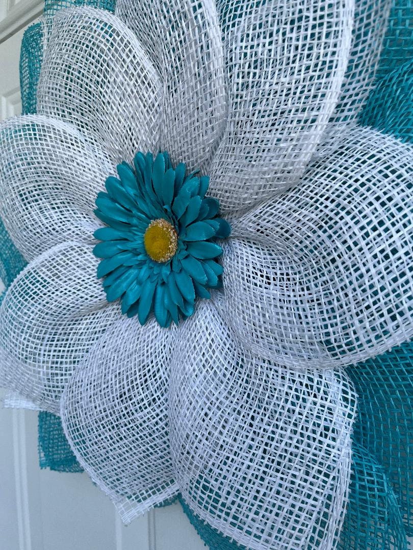 Handmade Turquoise Daisy Wreath – Poly Burlap Petal Flower Wreath for Front Door & Bedroom Décor