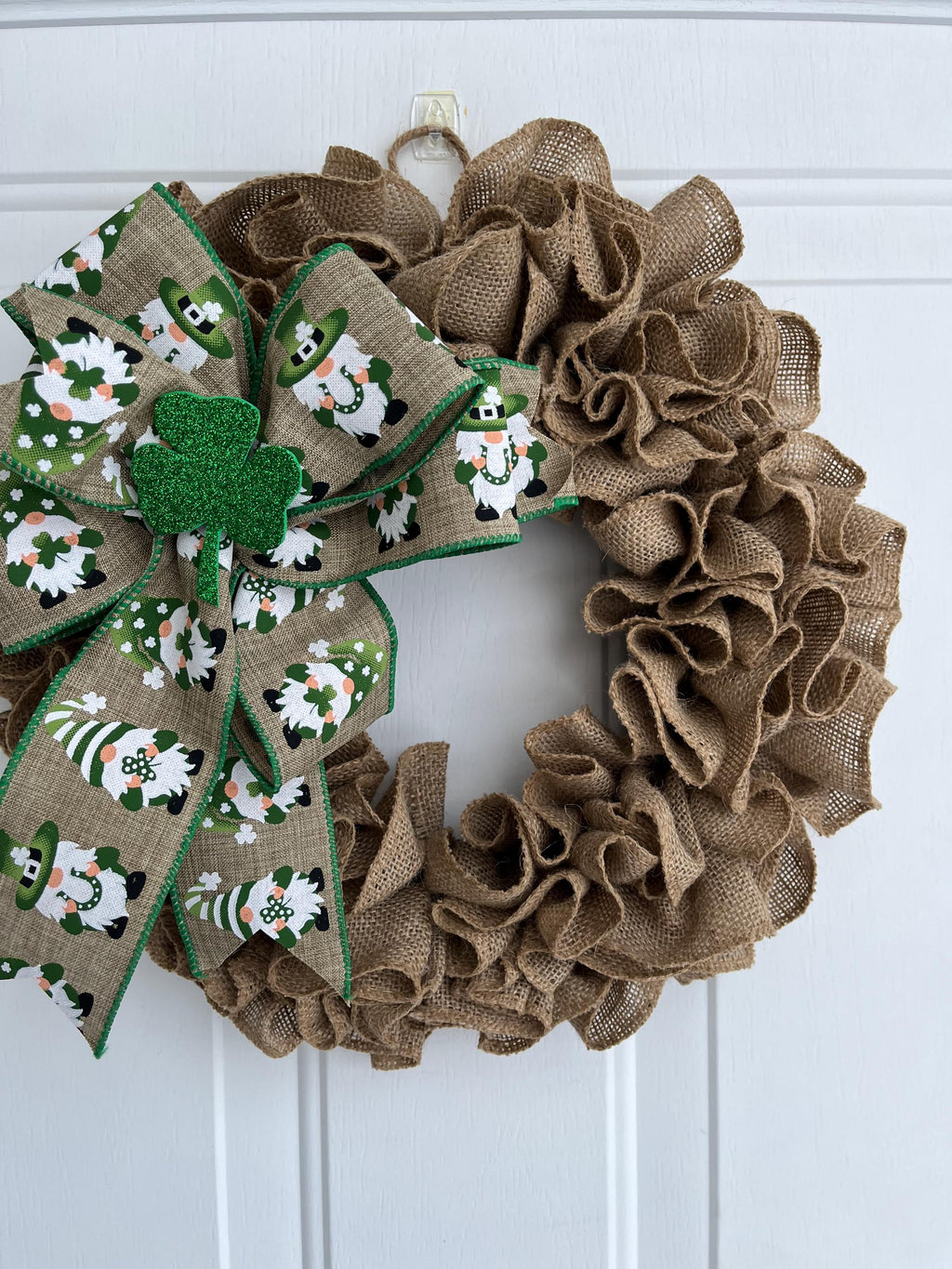 Handmade St. Patrick's Day Burlap Wreath – Natural Jute, Leprechaun Bow & Shamrock Door Décor
