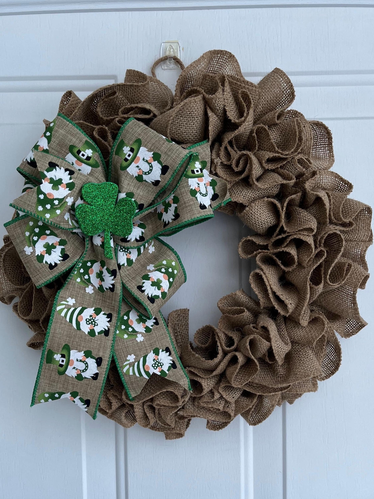 Handmade St. Patrick's Day Burlap Wreath – Natural Jute, Leprechaun Bow & Shamrock Door Décor