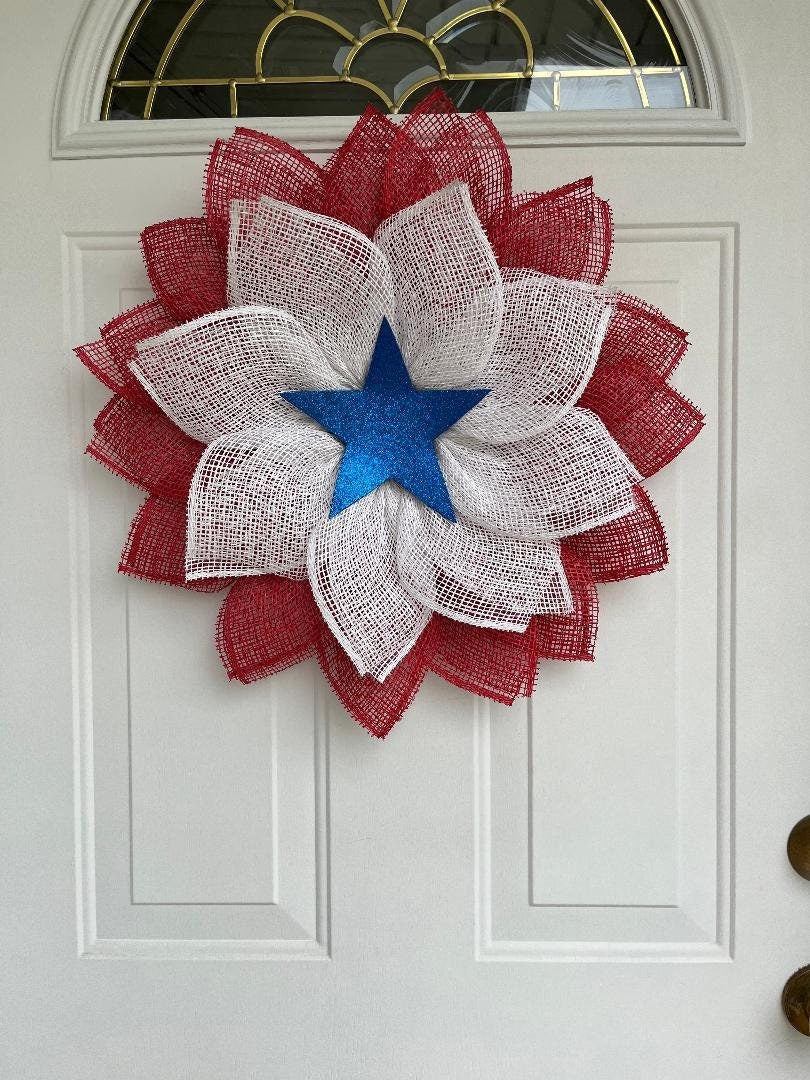 Patriotic Burlap Wreath: Red, White & Blue Star - 20 Inch