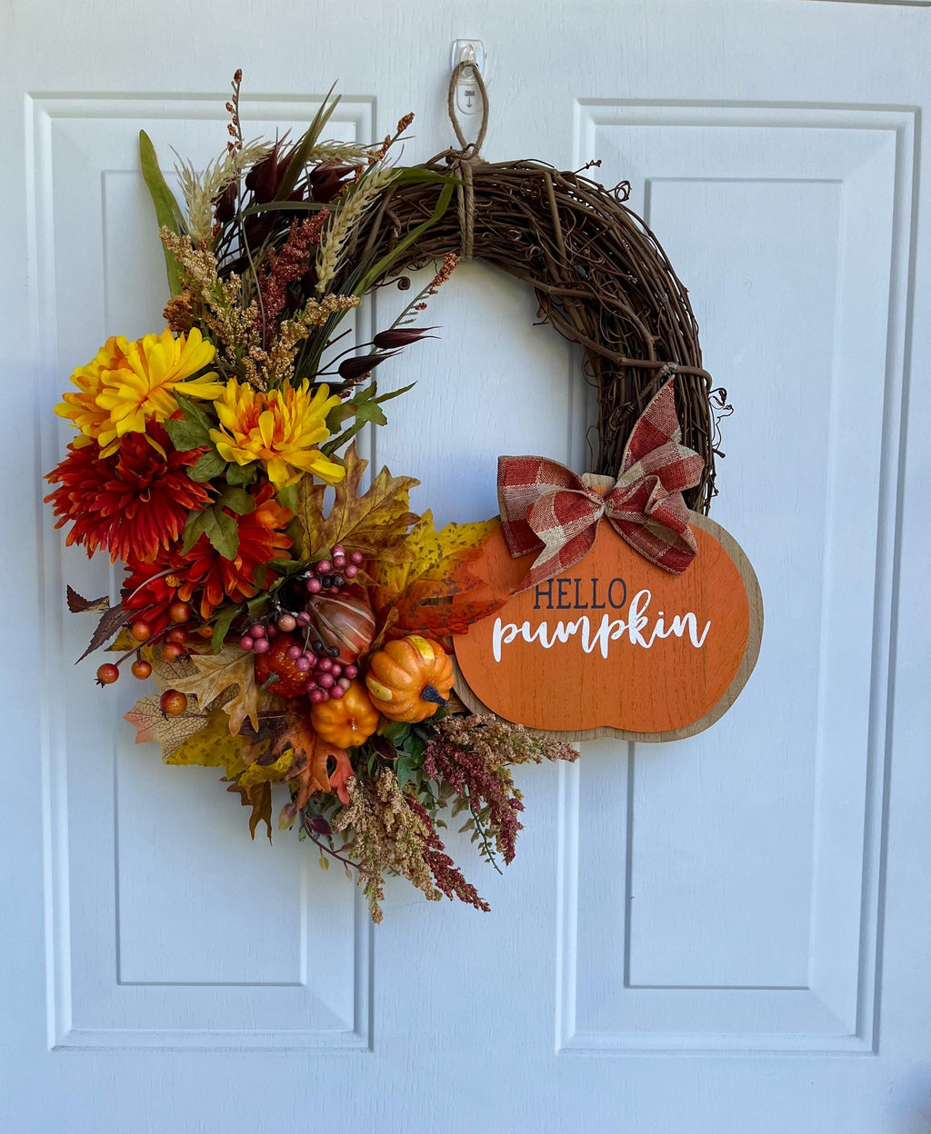 Colorful Fall Grapevine Wreath | Pumpkin Sign, Gold & Orange | Autumn Door Decor