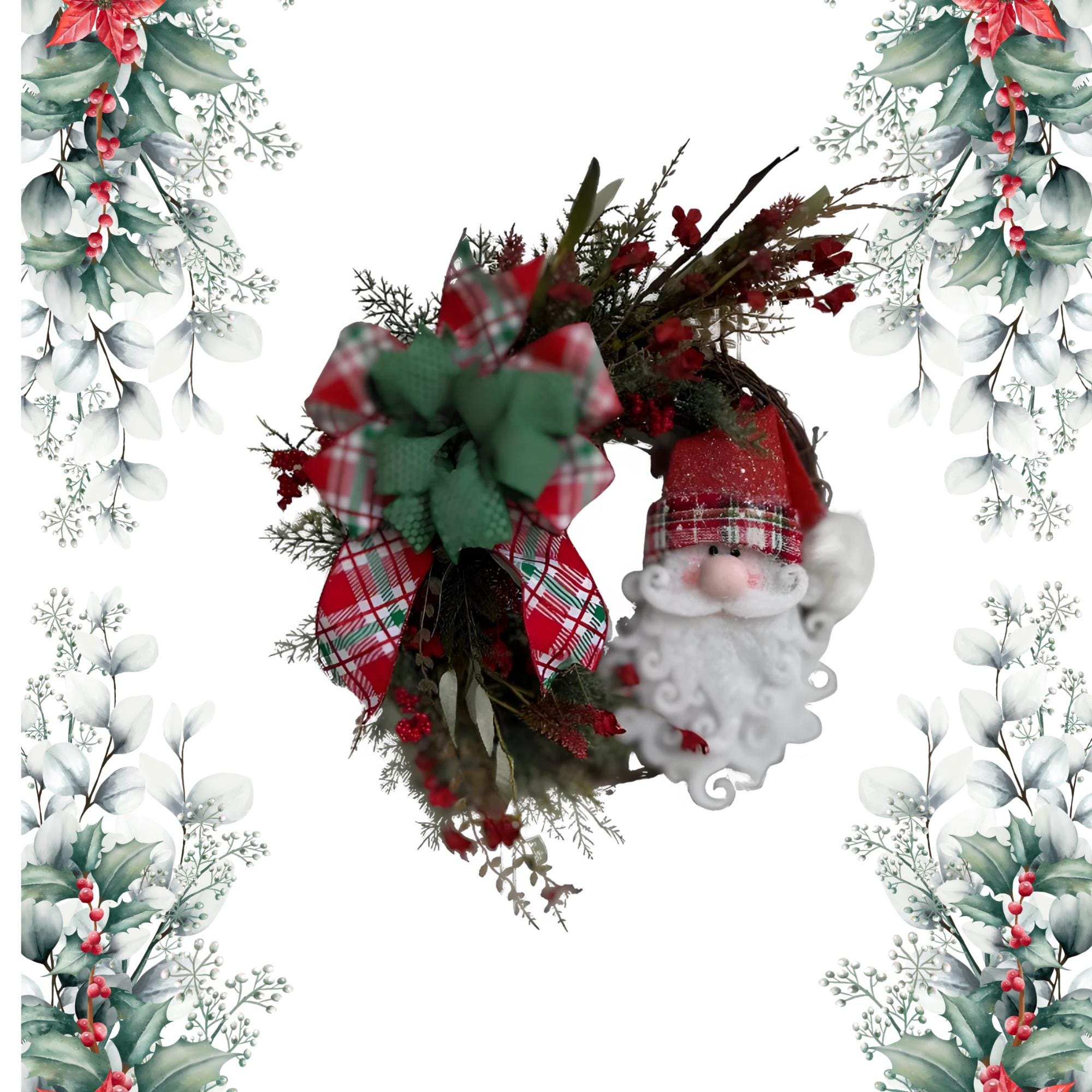 Handmade Santa Face Christmas Door Wreath – Faux Greenery, Holly Berries & Festive Bow