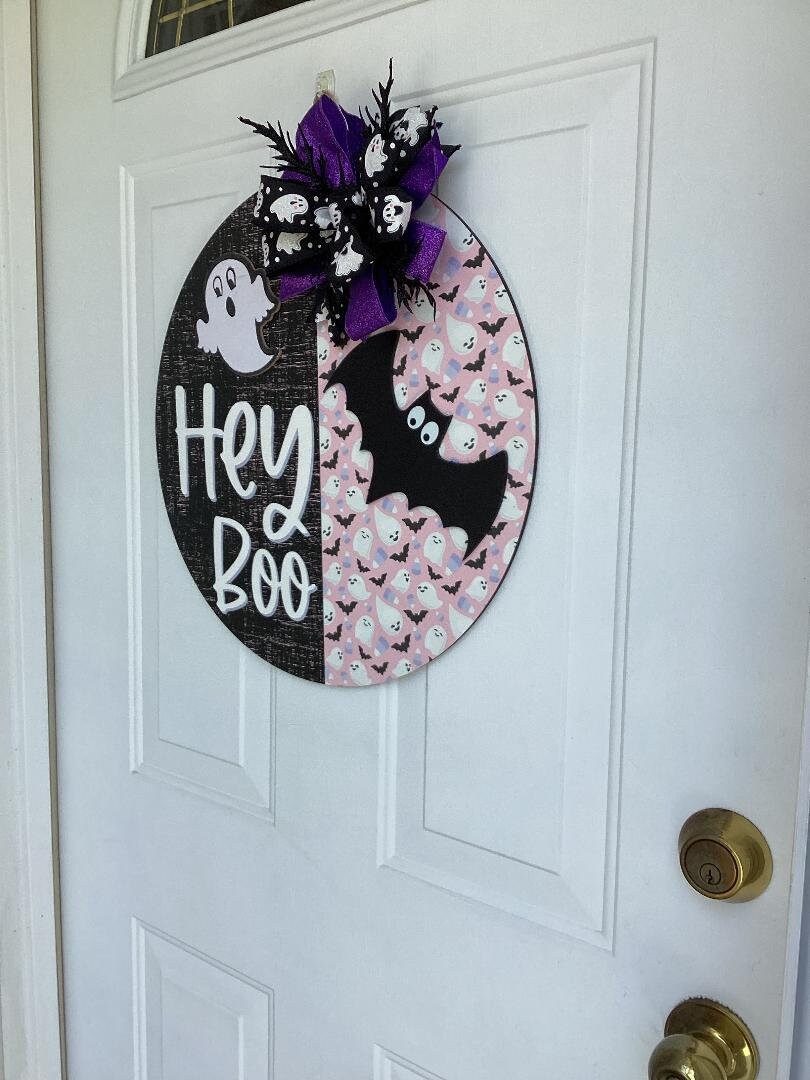 Handmade Halloween Wood Door Hanger – Hey Boo Ghost & Bat Birch Plywood Sign with Bow