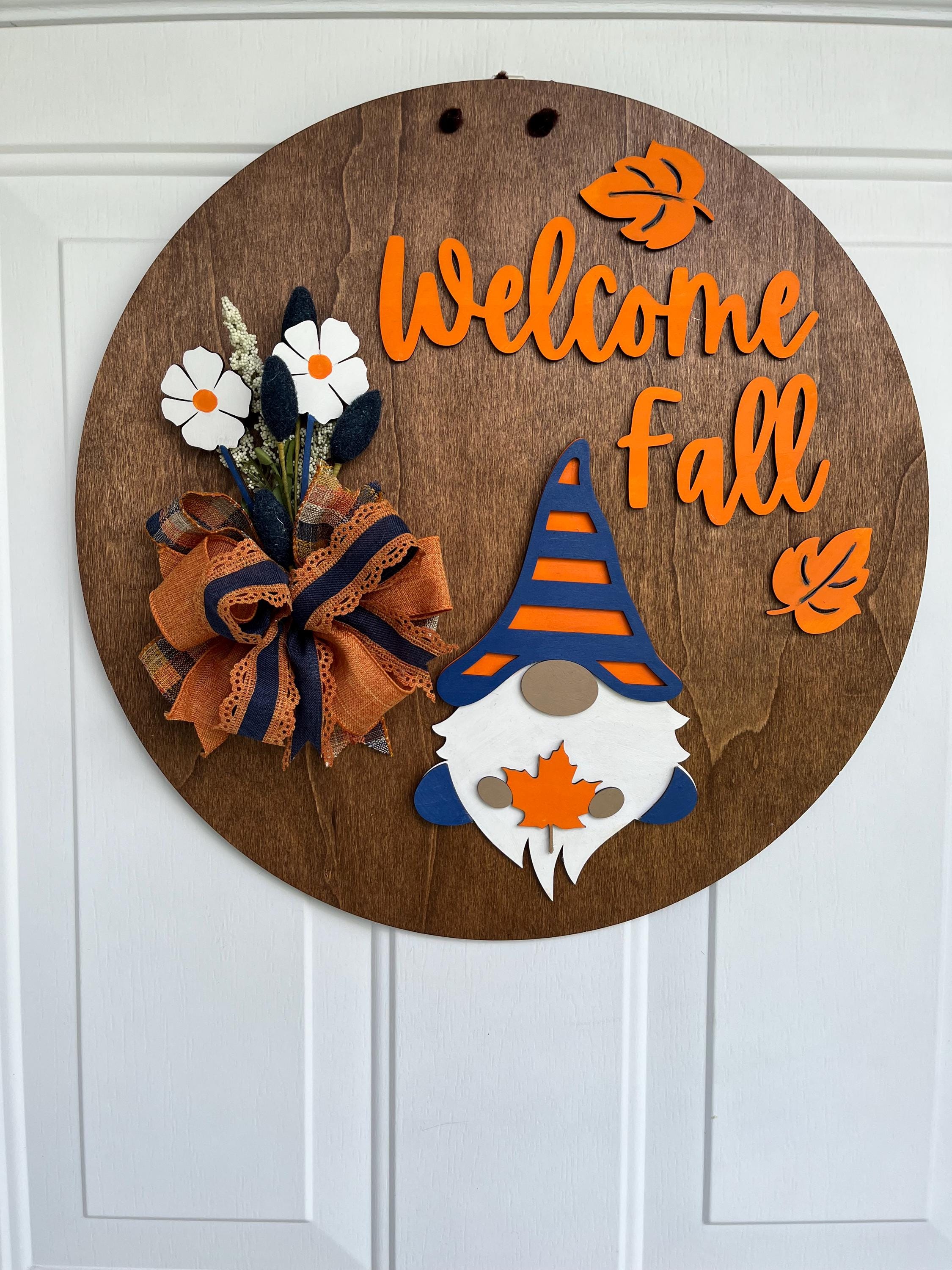 Handmade Welcome Fall Wood Door Hanger – Gnome, Fall Leaves & Flowers, Stained Plywood Sign