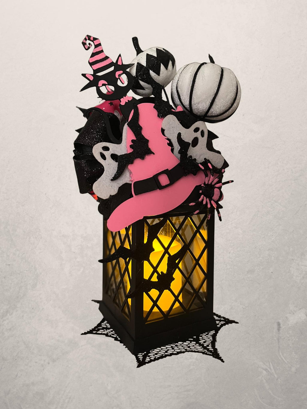 Decorated Halloween Lantern: Pink Witch Hat, Cat & Flameless Candle
