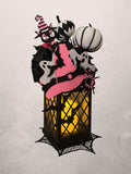 Decorated Halloween Lantern: Pink Witch Hat, Cat & Flameless Candle