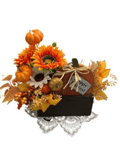 Handmade Fall Floral Centerpiece – Faux Sunflower & Pumpkin Arrangement, Wooden Box, Happy Harvest Thanksgiving Table Decor