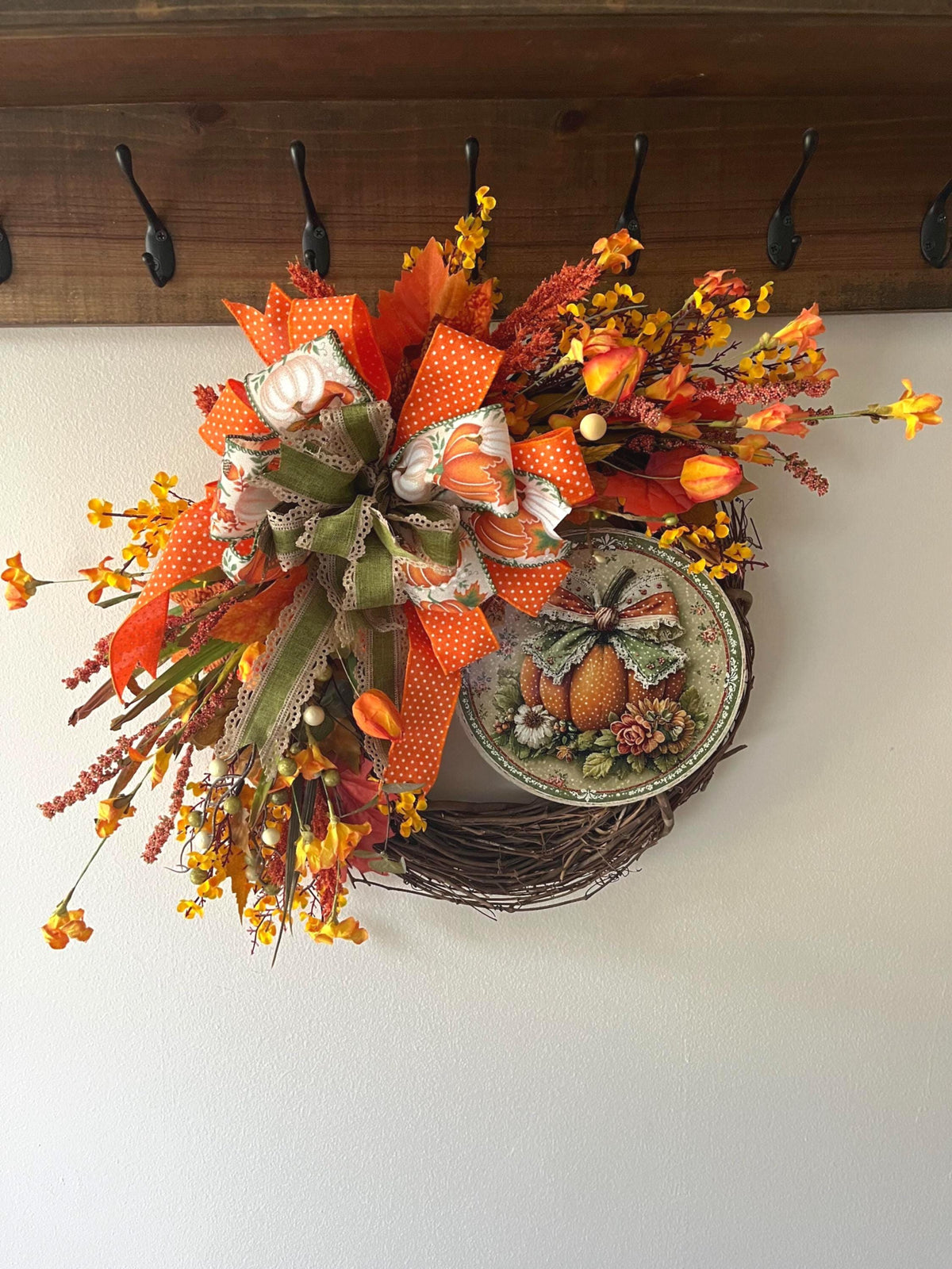 Handmade Fall Grapevine Wreath – 20 Inch Metal Pumpkin Sign, Orange & Rust Flowers, Autumn Front Door Decor