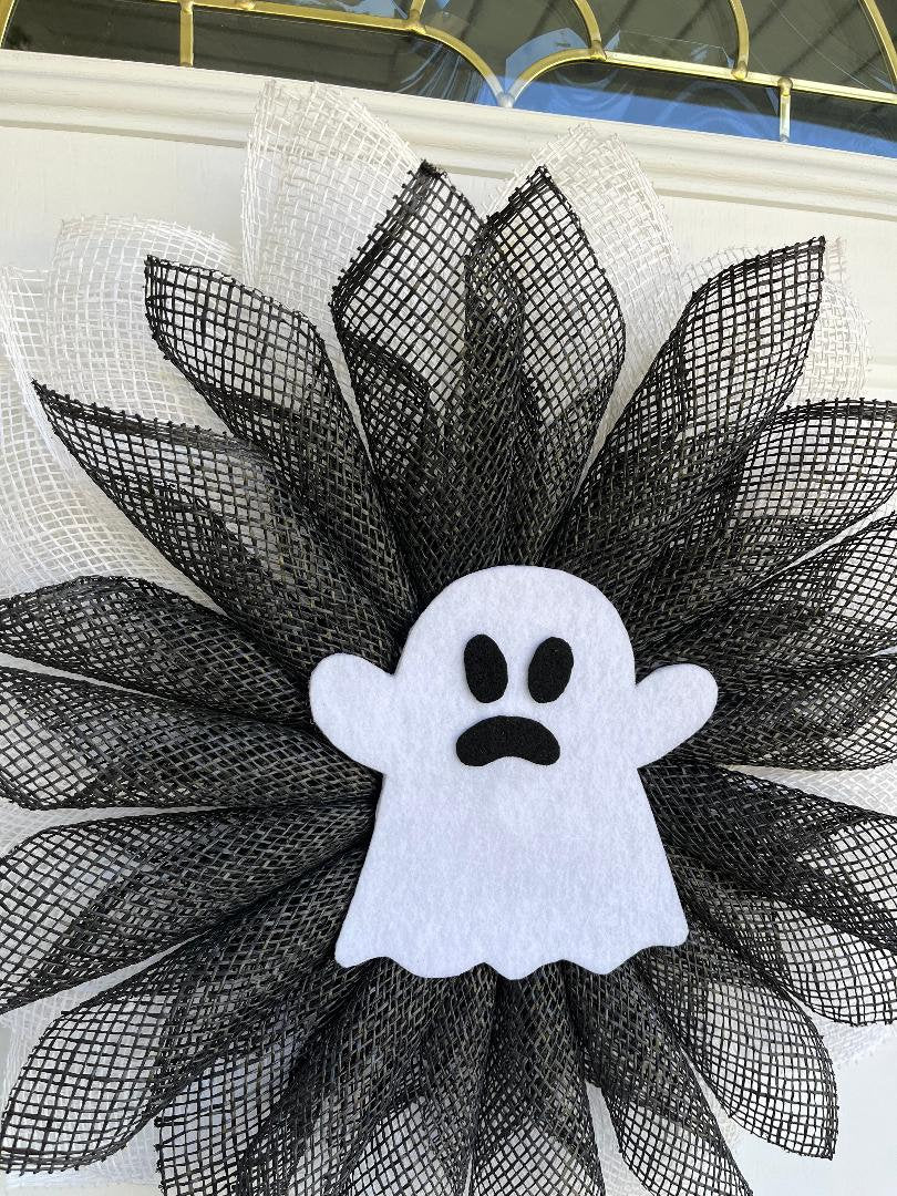 Halloween Ghost Wreath, Black & White Burlap, Spooky Front Door Decor