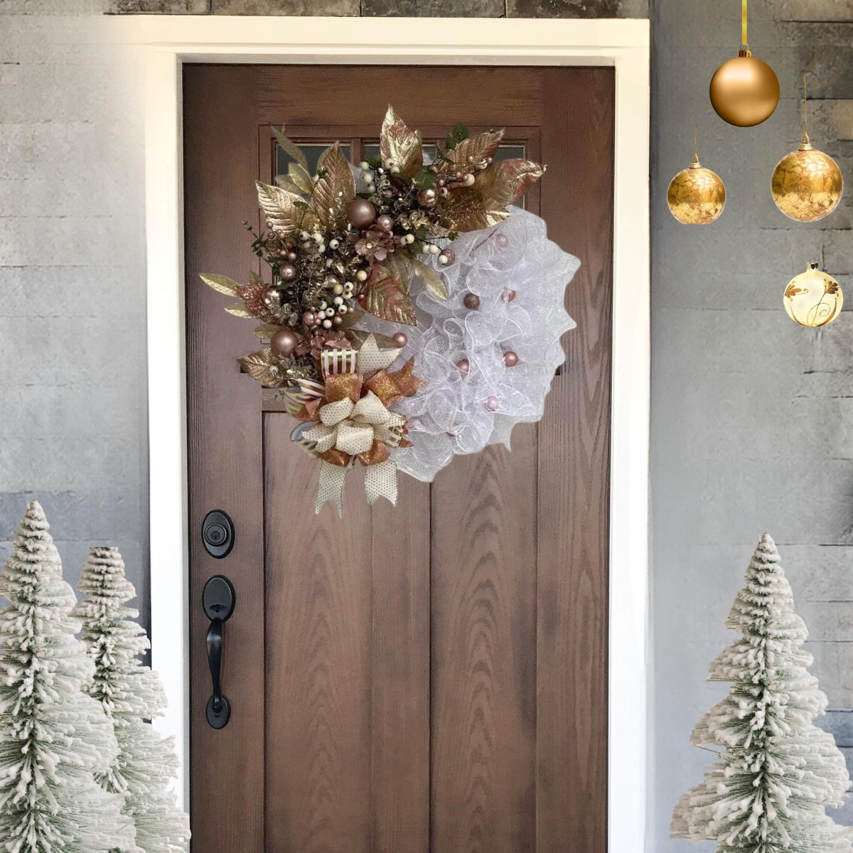 Christmas Wreath | Gold Berries, Gold Leaves & White Mesh | Holiday Door Decor