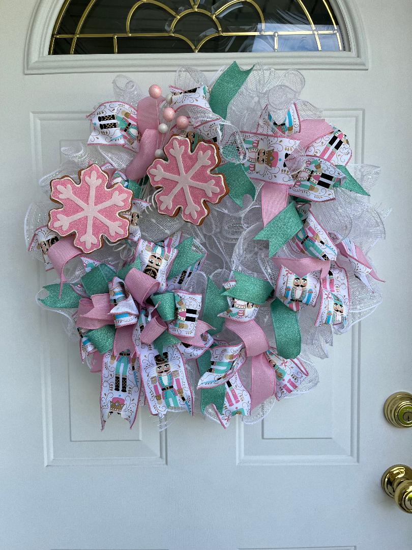 Snowflake Christmas Wreath, pink, turqoise, white wreath, bow with nutcracker soldier