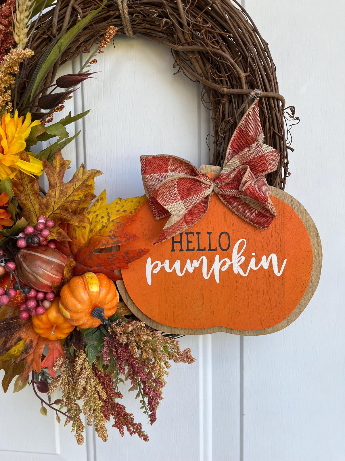 Colorful Fall Grapevine Wreath | Pumpkin Sign, Gold & Orange | Autumn Door Decor