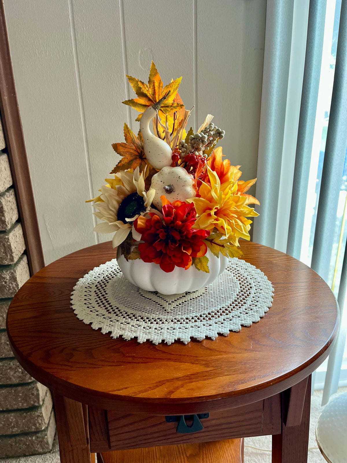 Handmade Fall Floral Centerpiece – Faux Flower & Pumpkin Decor, 28 Inch Orange & Yellow, Autumn Table or Mantel Display