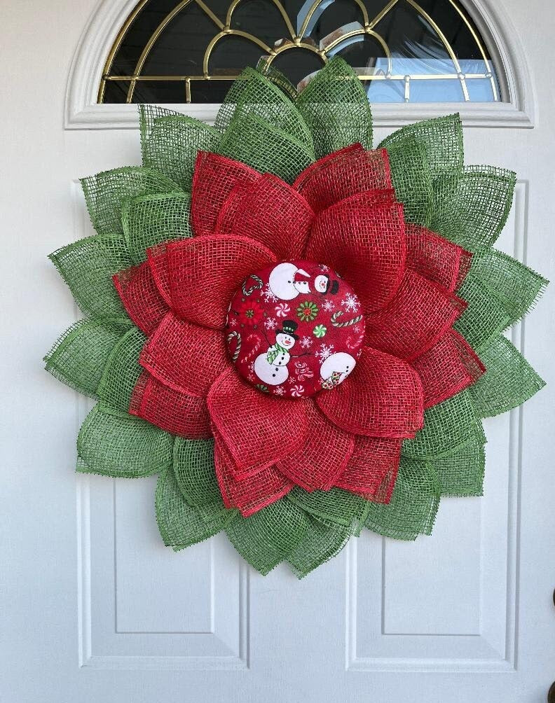 Large petal Christmas door wreath,  snowman decor, red and green