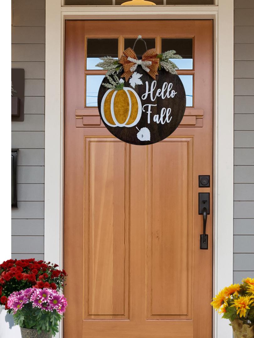 Fall door wood sign: Pumpkin & Leaves Decor, Hello Fall