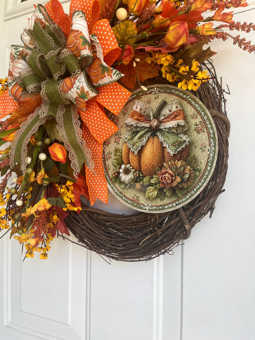 Handmade Fall Grapevine Wreath – 20 Inch Metal Pumpkin Sign, Orange & Rust Flowers, Autumn Front Door Decor