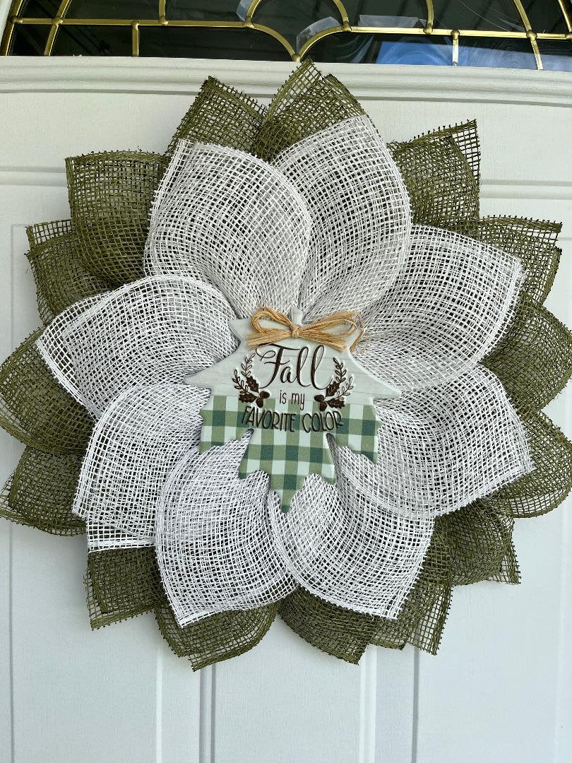 Fall Door Wreath: Olive Green & White Burlap Petals