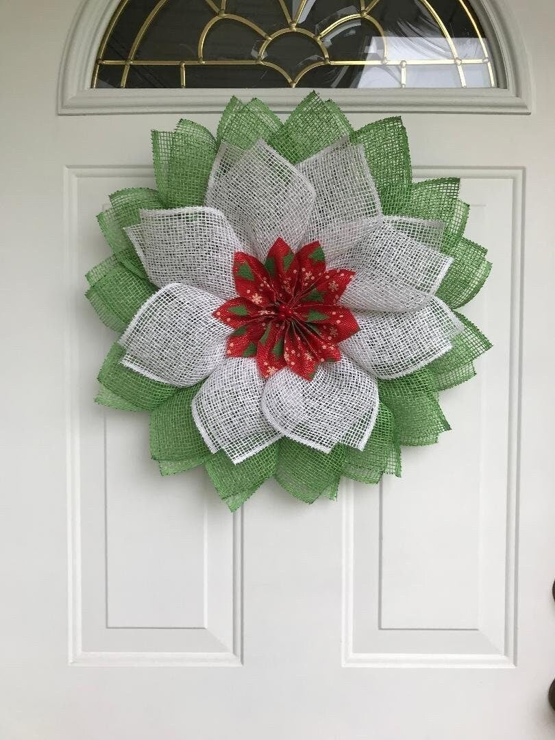 Christmas Poinsettia Wreath: Red, Green, White Poly Burlap