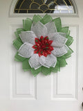 Christmas Poinsettia Wreath: Red, Green, White Poly Burlap