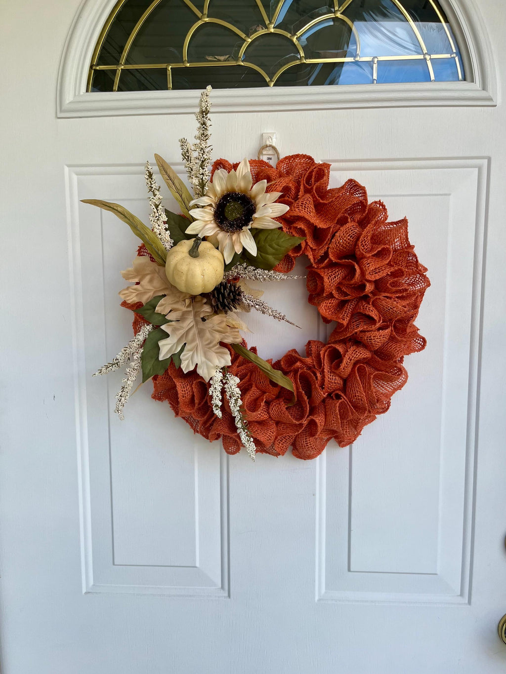Ruffled burlap orange wreath, Rustic Autumn Door Decor