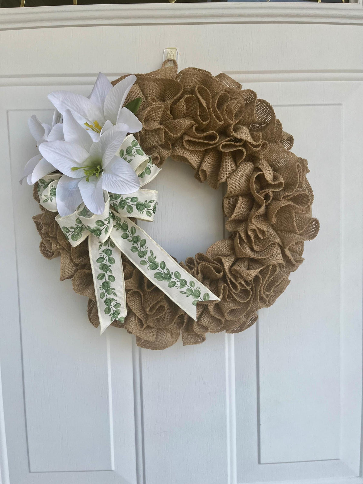 Ruffled Burlap Easter Wreath: White Lillies & Green Ribbon