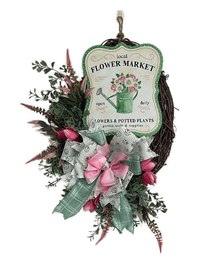 Handmade Flower Market Wreath – Pink Roses & Aqua Grapevine Door Décor