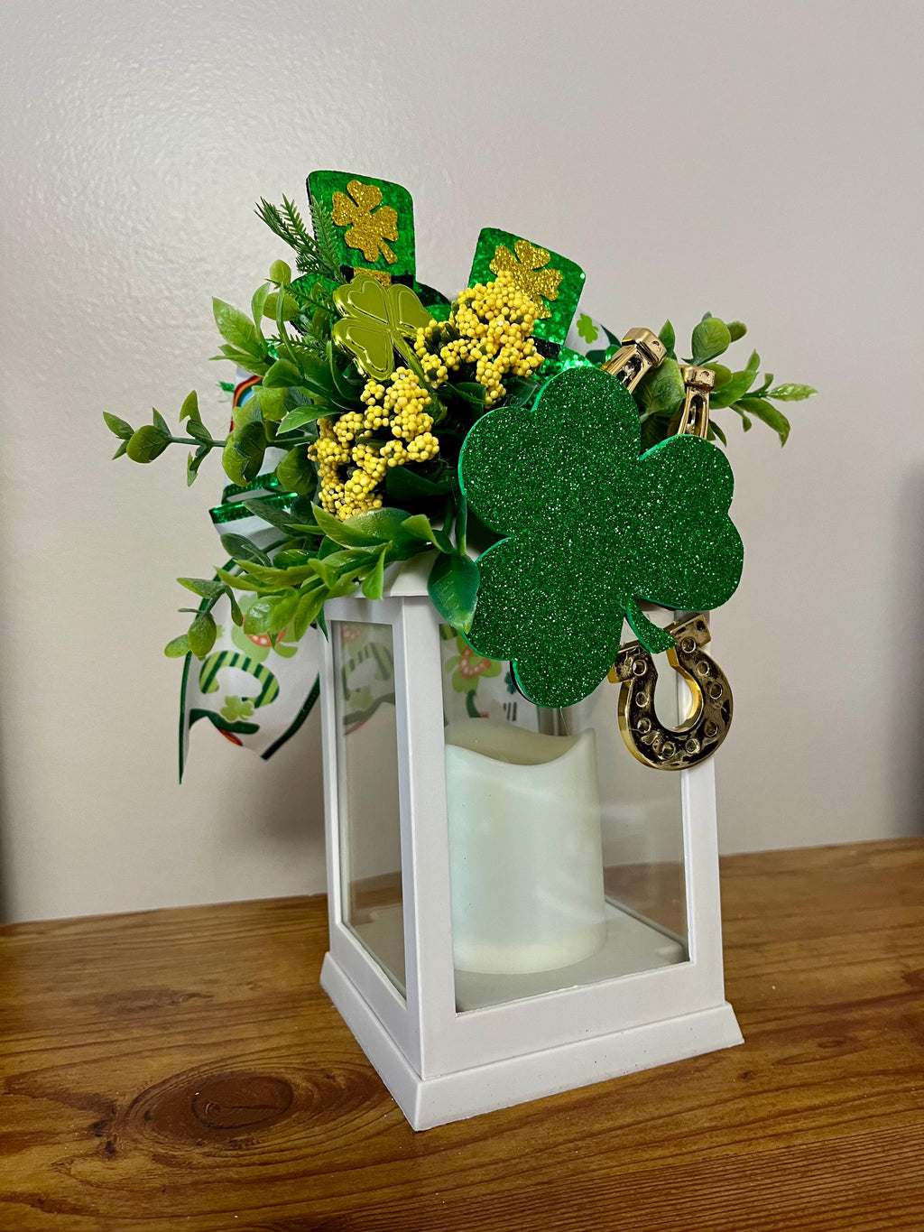 St. Patrick's Day Lantern, indoor decorated, greenery, shamrock