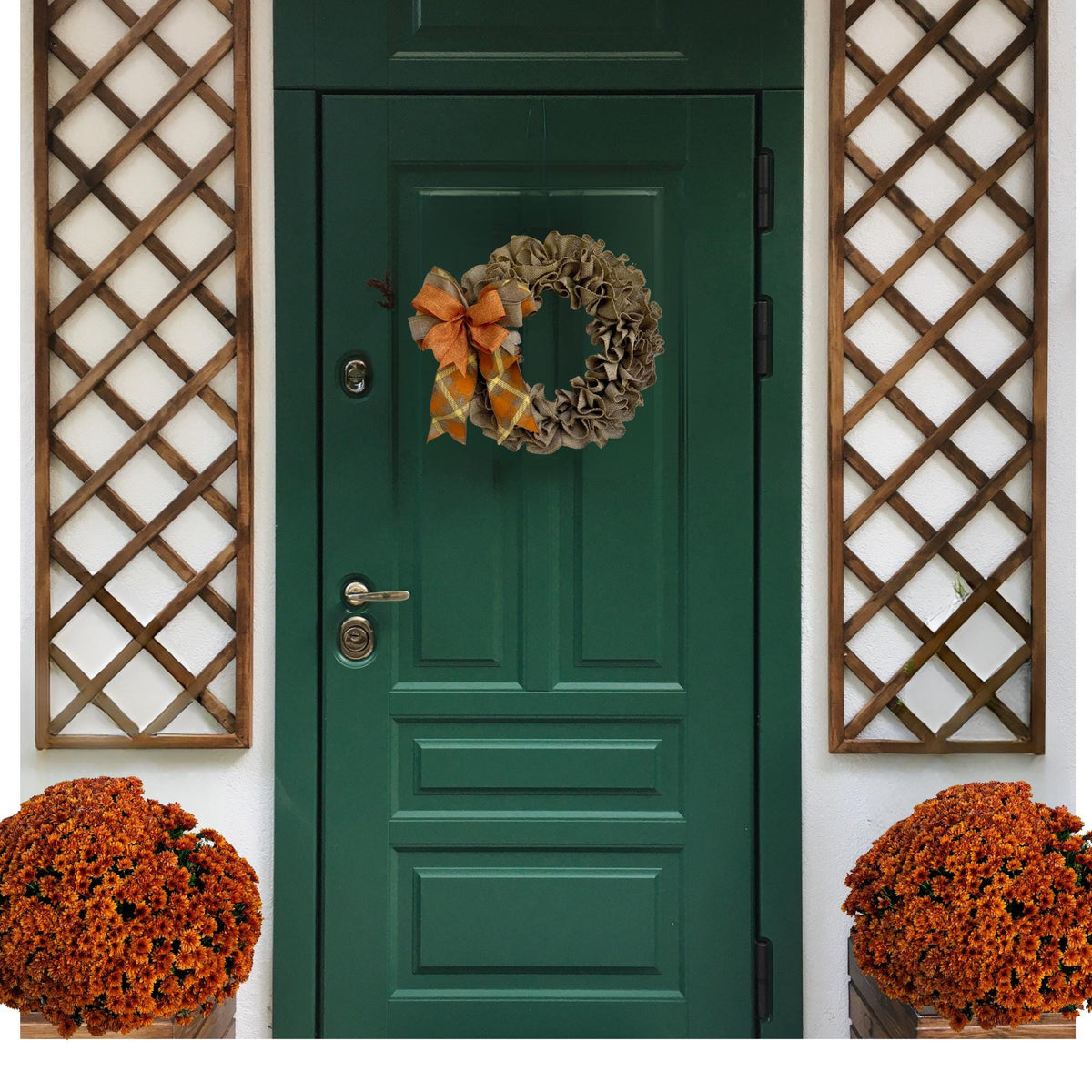 Fall Burlap Door Wreath | Orange & Beige Bow | Rustic Autumn Door Decor