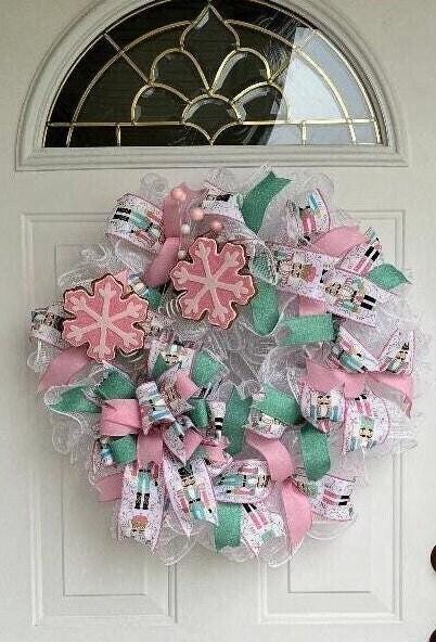 Snowflake Christmas Wreath, pink, turqoise, white wreath, bow with nutcracker soldier