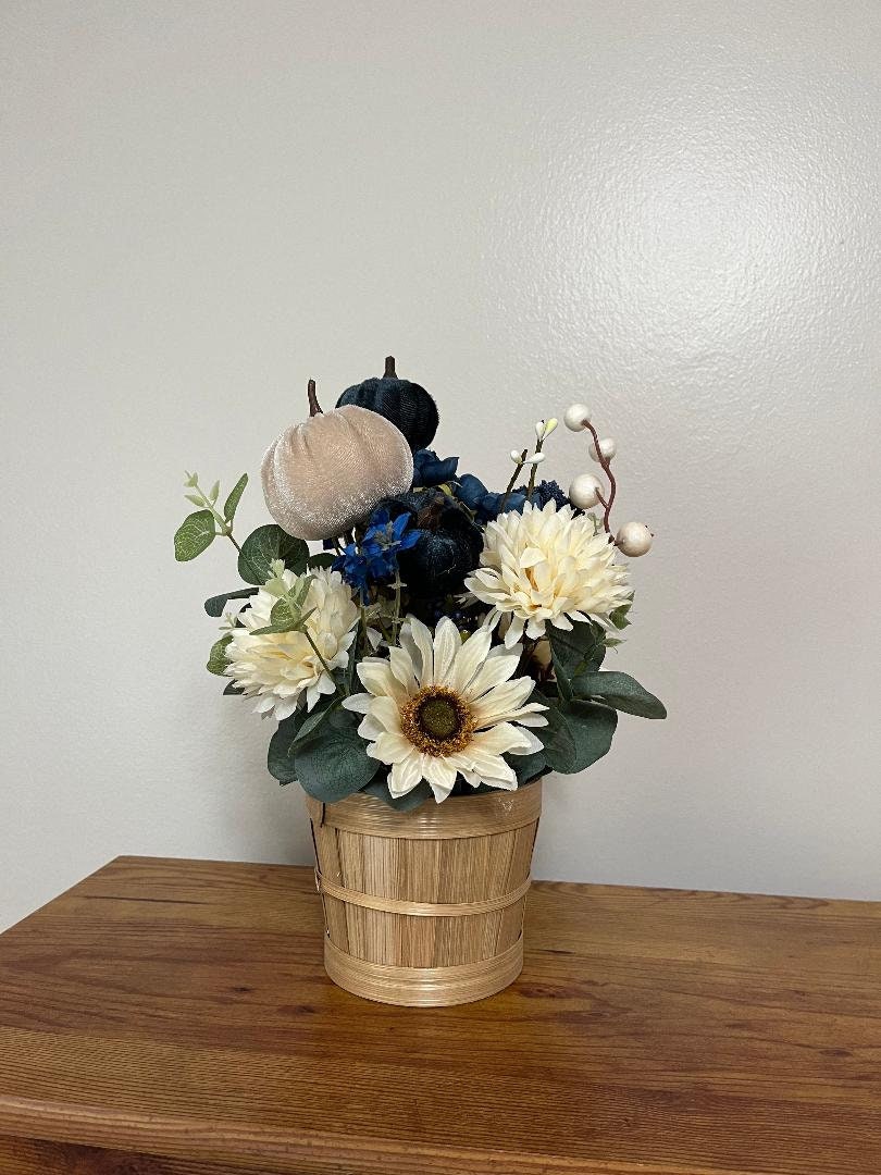 Handmade Fall Floral Centerpiece | Faux Pumpkin & Berry Arrangement, Wicker Basket