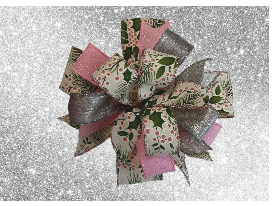 Handmade Pink & Silver Christmas Bow – Wreath, Lantern Topper & Gift Decoration