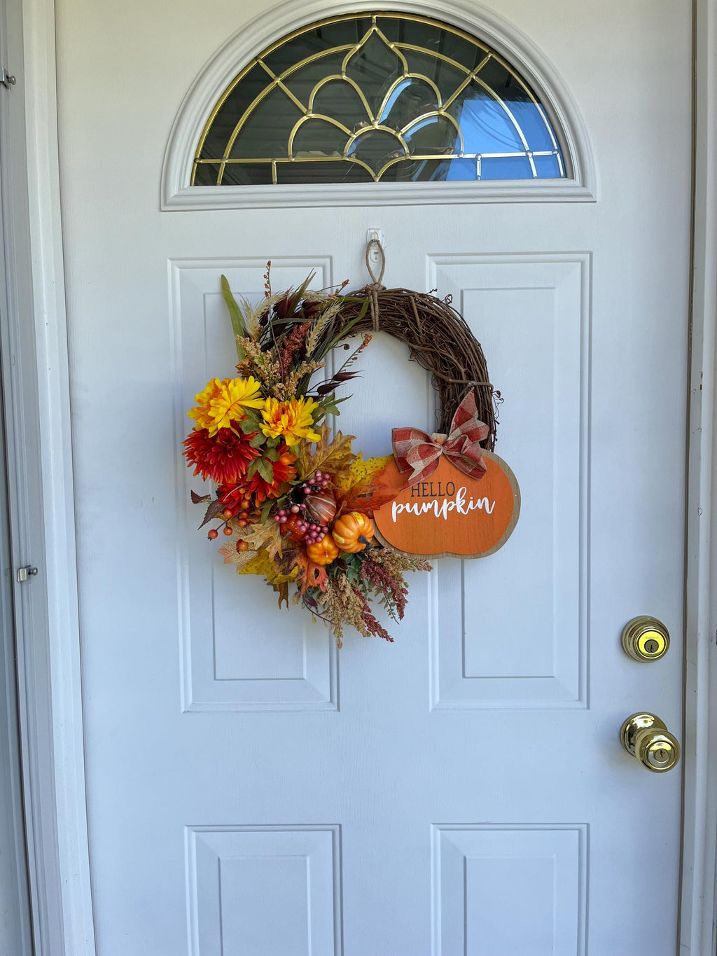Colorful Fall Grapevine Wreath | Pumpkin Sign, Gold & Orange | Autumn Door Decor
