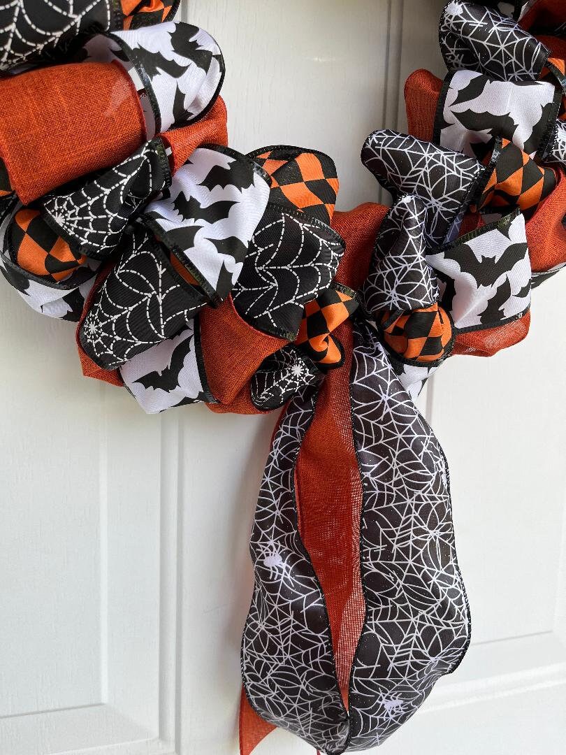 Handmade Halloween Ribbon Wreath – Orange, Black & White Wired Ribbon Front Door Décor